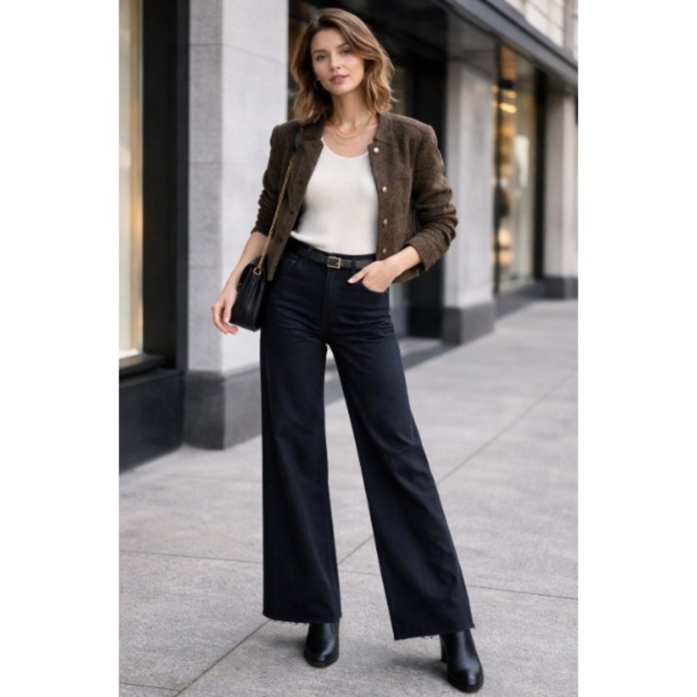 Evereve Black Wide Leg Crop Utility Pants Size 25 Cotton Blend Raw Hem